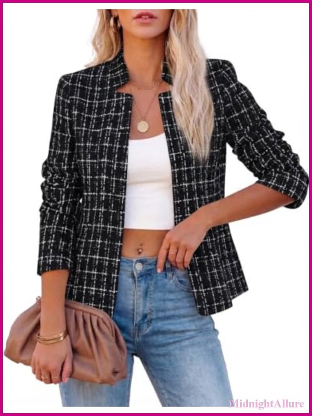 Tweed Plaid Blazer Notch Collar Fitted Suit Jacket Business Casual
